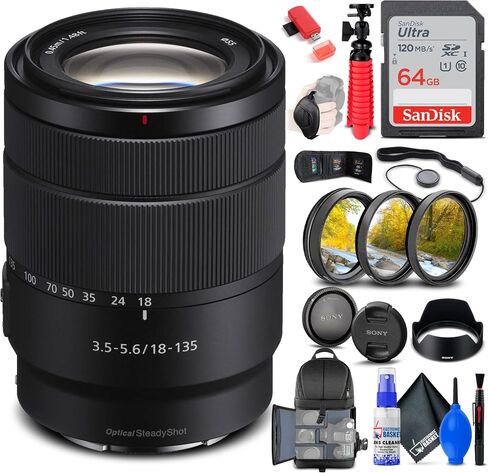 Sony E 18-135mm f/3.5-5.6 OSS Lens (SEL18135) + Filter Kit + Backpack + 64GB Card + Card Reader + Flex Tripod + Memory Wallet + Lens Cap Keeper + Cleaning Kit + Hand Strap + More (Renewed) in Saudi Arabia
