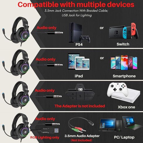 سماعات الرأس السلكية للألعاب HP Xbox One مع صوت محيطي، وإضاءة RGB LED، وعزل الضوضاء فوق الأذن مع ميكروفون قابل للتعديل، لأجهزة PS5، وPS4، وXbox One، وNintendo Switch، والكمبيوتر الشخصي، والكمبيوتر المحمول - أسود in Kuwait