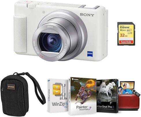 Sony ZV-1 Compact 4K HD Camera, White - Bundle with Alpine 2 Camera Bag, 32GB SDHC Card, Mac Software Package in Kuwait
