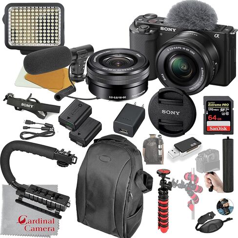 Sony ZV-E10 Mirrorless Camera with 16-50mm Lens Bundle Video Bundle + LED Video Light + Microphone + Extreme Speed 64GB Memory(21pc Bundle) (ILCZV-E10L/B) in Kuwait