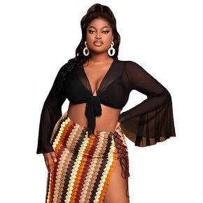 بلوزة قصيرة للسيدات من Floerns بمقاس كبير وعقدة أمامية متباينة وأكمام طويلة ورقبة على شكل حرف V in Kuwait