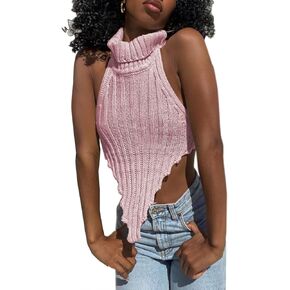 AIBEARTY Women Sexy Halter Knitted Turtleneck Crop Tank Tops Irregular Cut Out Backless Camisole for Party Club Streetwear