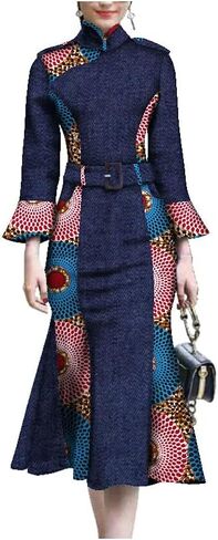 African Dress for Women Dashiki Dresses Patchwork Dress Lantern Sleeve Traditional Clothing in Kuwait