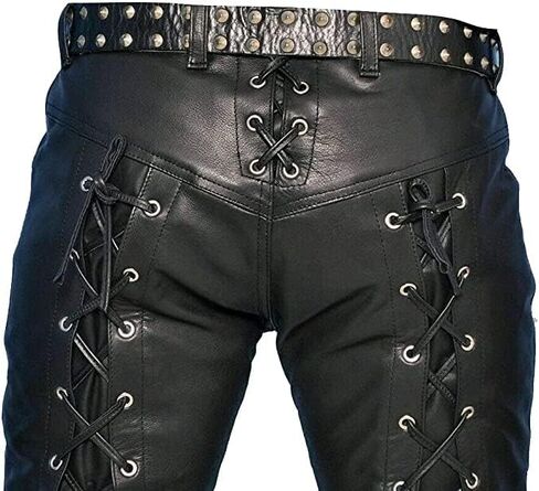 Leather Lovers Men Genuine Cowhide Leather Front & Back Laced Up Black Biker Pants in Saudi Arabia