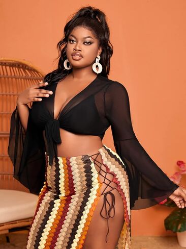 بلوزة قصيرة للسيدات من Floerns بمقاس كبير وعقدة أمامية متباينة وأكمام طويلة ورقبة على شكل حرف V in Kuwait