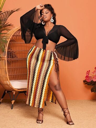 بلوزة قصيرة للسيدات من Floerns بمقاس كبير وعقدة أمامية متباينة وأكمام طويلة ورقبة على شكل حرف V in Kuwait