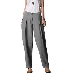 Minibee Women's Casual Linen Pants Elastic Waist Tapered Pants Trousers with Pockets