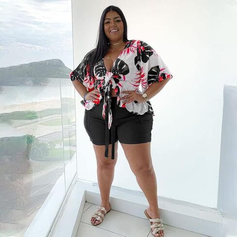 WUSENST Women Plus Size Summer 2 Pieces Short Set Casual Outfit Tracksuit T-Shirt Bodycon Short Pants Set in Kuwait