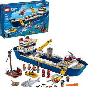 LEGO City Ocean Exploration Ship 60266, Toy Exploration Vessel, Mini Helicopter, Submarine, Shipwreck with Treasure, Lifeboat, Stingray, Shark, Plus 8 Minifigures (745 Pieces) in Kuwait