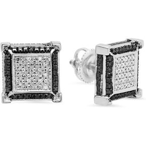 مجموعة Dazzlingrock 0.15 قيراط (ctw) أقراط دائرية من الماس الأبيض والأسود بإطار مربع للرجال والنساء (للجنسين) أقراط مرصعة 1/6 قيراط من الفضة الإسترليني عيار 925