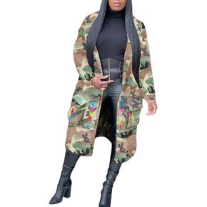 سترة Vakkest Camo Blazer للنساء ذات طية صدر السترة وأكمام طويلة مفتوحة من الأمام ومعطف كلاسيكي وجيوب معطف خارجي