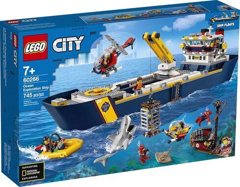 LEGO City Ocean Exploration Ship 60266, Toy Exploration Vessel, Mini Helicopter, Submarine, Shipwreck with Treasure, Lifeboat, Stingray, Shark, Plus 8 Minifigures (745 Pieces) in Kuwait
