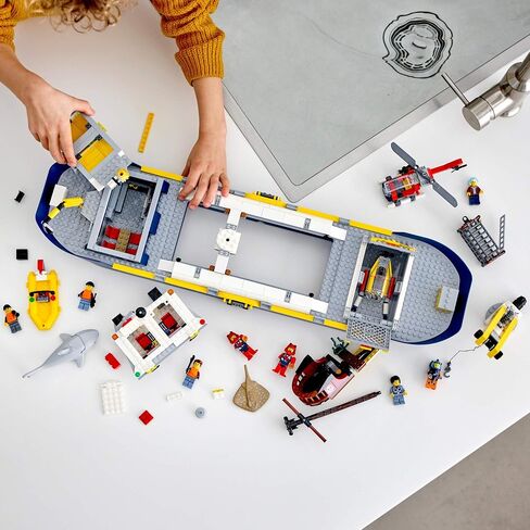 LEGO City Ocean Exploration Ship 60266, Toy Exploration Vessel, Mini Helicopter, Submarine, Shipwreck with Treasure, Lifeboat, Stingray, Shark, Plus 8 Minifigures (745 Pieces) in Kuwait
