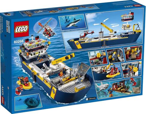 LEGO City Ocean Exploration Ship 60266, Toy Exploration Vessel, Mini Helicopter, Submarine, Shipwreck with Treasure, Lifeboat, Stingray, Shark, Plus 8 Minifigures (745 Pieces) in Kuwait