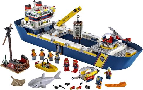 LEGO City Ocean Exploration Ship 60266, Toy Exploration Vessel, Mini Helicopter, Submarine, Shipwreck with Treasure, Lifeboat, Stingray, Shark, Plus 8 Minifigures (745 Pieces) in Kuwait