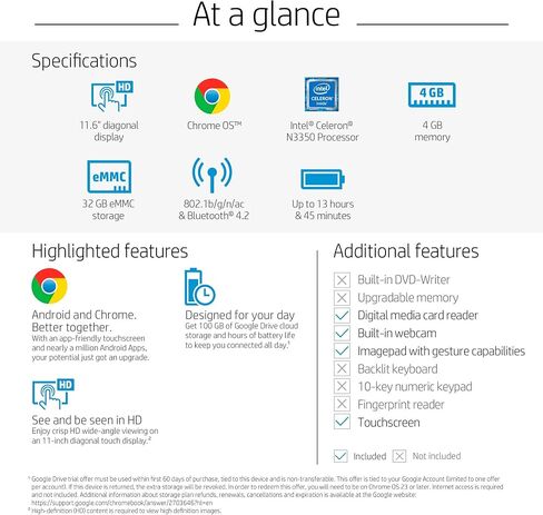 HP 4SH02UAR#ABA 2 في 1 Chromebook - x360 11 ae100 11 ae110nr شاشة لمس 11.6 بوصة 1366 × 768 Celeron N3350 4 جيجابايت ذاكرة وصول عشوائي 32 جيجابايت ذاكرة فلاش مُجددة نظام تشغيل Chrome Intel HD (متجدد) in Saudi Arabia