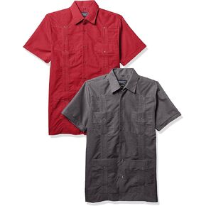 قميص Suslo Couture رجالي بكم قصير من الكتان بمظهر Guayabera بأزرار سفلية