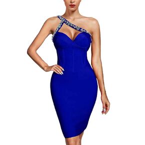 فستان UONBOX نسائي بكتف واحد وحجر الراين بدون أكمام بطول الركبة للحفلات والنوادي in Kuwait