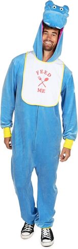 Tipsy Elves Funny Animal Halloween Costume for Men Light Blue Hippo Jumpsuit with Stuffed Animal Style Hood and Feed Me Bib in Saudi Arabia