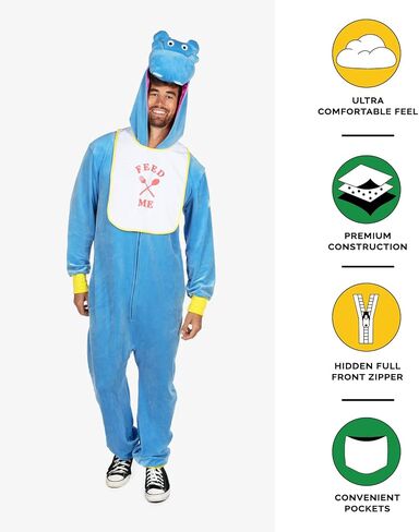 Tipsy Elves Funny Animal Halloween Costume for Men Light Blue Hippo Jumpsuit with Stuffed Animal Style Hood and Feed Me Bib in Saudi Arabia