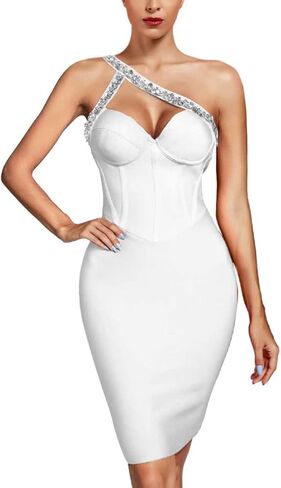 فستان UONBOX نسائي بكتف واحد وحجر الراين بدون أكمام بطول الركبة للحفلات والنوادي in Kuwait