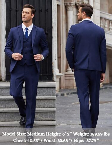 COOFANDY Mens Tuxedo Suit Set 3 Piece Slim Fit Suit Wedding Suit Jacket Vest Pants Set Prom Dress Suit Blue L in Saudi Arabia