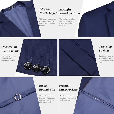 COOFANDY Mens Tuxedo Suit Set 3 Piece Slim Fit Suit Wedding Suit Jacket Vest Pants Set Prom Dress Suit Blue L in Saudi Arabia