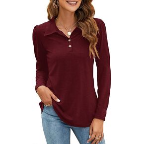 LOMON Womens Polo Shirts Button Down Collared Long Sleeve Tops V Neck Loose Blouses