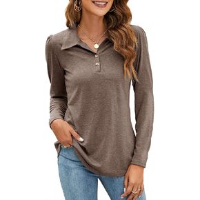 LOMON Womens Polo Shirts Button Down Collared Short Sleeve Tops V Neck Loose Blouses