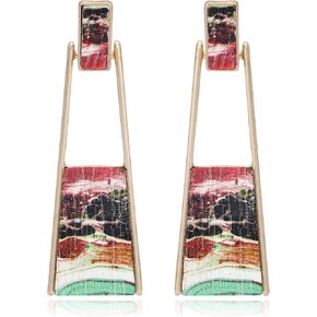 BONALUNA Bohemian Wood And Marble Effect Oblong Shaped Drop Statement Earrings