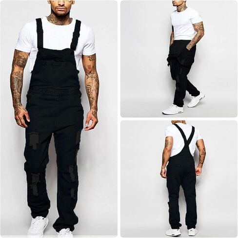 Andongnywell Men's Slim Fit Ripped Denim Distressed Bib Overalls Jumpsuit Jeans Destroyed Jumpsuits Trousers in Saudi Arabia