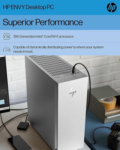كمبيوتر HP Envy المكتبي، NVIDIA GeForce RTX 3070 Ti، الجيل الثاني عشر Intel Core i7-12700، 16 جيجابايت SDRAM، 1 تيرابايت SSD، Windows 11 Home، Wi-Fi 6 وBluetooth، 10 منافذ USB، برج الكمبيوتر المدمج مسبقًا (TE02- 0030، 2022) in Kuwait