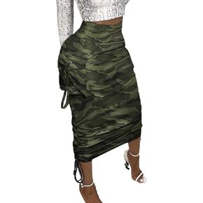 Voghtic Camo Skirts for Women High Waisted Ruched Drawstring Long Pencil Skirts with Pockets in Saudi Arabia