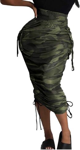Voghtic Camo Skirts for Women High Waisted Ruched Drawstring Long Pencil Skirts with Pockets in Kuwait