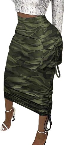 Voghtic Camo Skirts for Women High Waisted Ruched Drawstring Long Pencil Skirts with Pockets in Kuwait