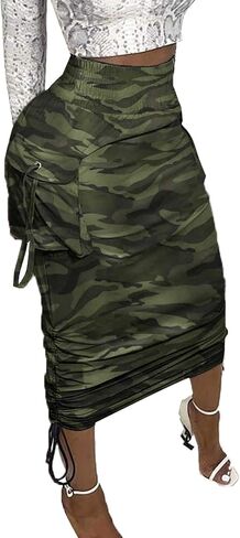 Voghtic Camo Skirts for Women High Waisted Ruched Drawstring Long Pencil Skirts with Pockets in Kuwait