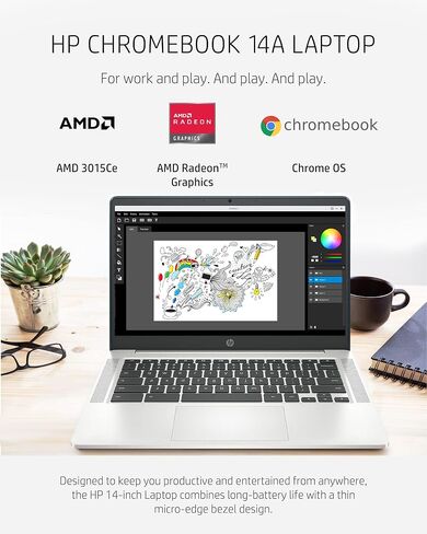 كمبيوتر محمول HP Chromebook 14a، معالج AMD 3015Ce، ذاكرة وصول عشوائي 4 جيجابايت، تخزين eMMC سعة 32 جيجابايت، شاشة Micro-Edge HD مقاس 14 بوصة، نظام تشغيل Google Chrome (14a-nd0010nr، 2021، فضي معدني) وماوس لاسلكي X3000 G2 (أسود) ) in Kuwait