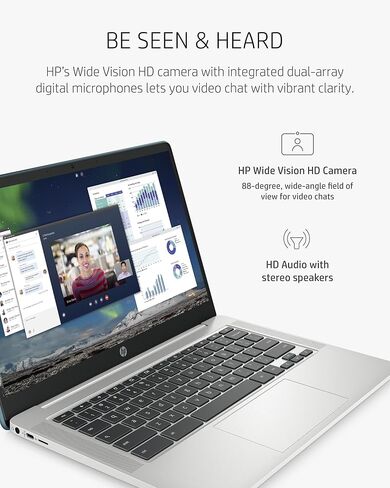 كمبيوتر محمول HP Chromebook 14a، معالج AMD 3015Ce، ذاكرة وصول عشوائي 4 جيجابايت، تخزين eMMC سعة 32 جيجابايت، شاشة Micro-Edge HD مقاس 14 بوصة، نظام تشغيل Google Chrome (14a-nd0010nr، 2021، فضي معدني) وماوس لاسلكي X3000 G2 (أسود) ) in Kuwait