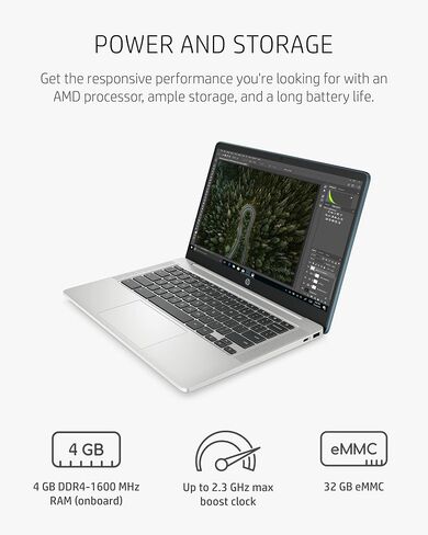 كمبيوتر محمول HP Chromebook 14a، معالج AMD 3015Ce، ذاكرة وصول عشوائي 4 جيجابايت، تخزين eMMC سعة 32 جيجابايت، شاشة Micro-Edge HD مقاس 14 بوصة، نظام تشغيل Google Chrome (14a-nd0010nr، 2021، فضي معدني) وماوس لاسلكي X3000 G2 (أسود) ) in Kuwait