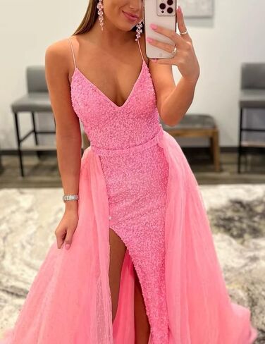 Sparkly Sequins Prom Dresses V Neck Spaghetti Strapes Formal Party Evening Dress Detachable Tulle Train Ball Gowns in Kuwait