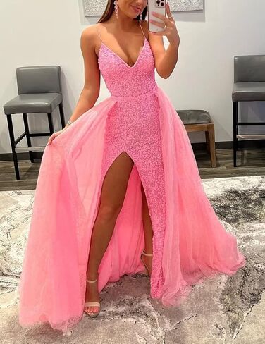 Sparkly Sequins Prom Dresses V Neck Spaghetti Strapes Formal Party Evening Dress Detachable Tulle Train Ball Gowns in Kuwait