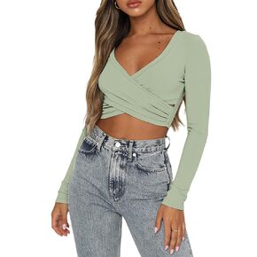 Remidoo Women's Sexy Ruched Wrap V Neck Long Sleeve Crop Top T Shirts in Kuwait