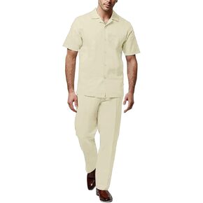 Adam Baker Men's 2-Piece (Long Pants and Short Sleeve Shirt) Linen-Cotton Blend Walking Suit Set in Saudi Arabia