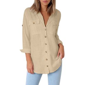 Vetinee Women's Casual Button Down Blouse Shirts Cuffed Sleeve Loose T-Shirt Tops in Kuwait