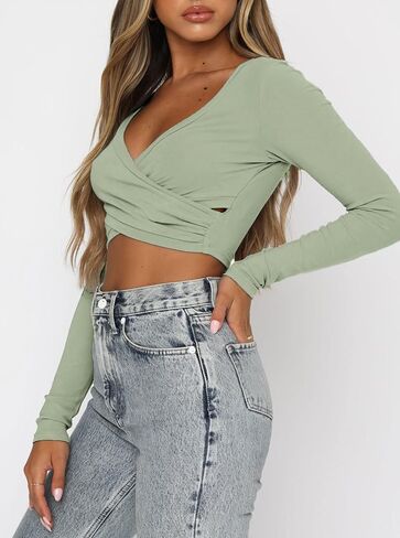 Remidoo Women's Sexy Ruched Wrap V Neck Long Sleeve Crop Top T Shirts in Saudi Arabia