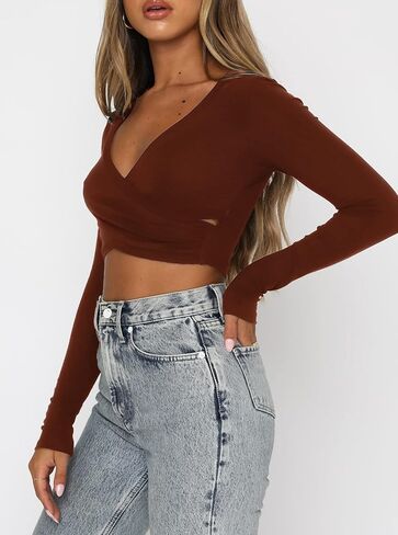Remidoo Women's Sexy Ruched Wrap V Neck Long Sleeve Crop Top T Shirts in Kuwait