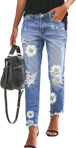 Sidefeel Women's Loose Boyfriend Jeans Stretchy Ripped Distressed Denim Pants S-2XL in Kuwait