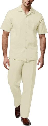 Adam Baker Men's 2-Piece (Long Pants and Short Sleeve Shirt) Linen-Cotton Blend Walking Suit Set in Saudi Arabia