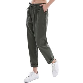 Womens Linen Pants for Summer Drawstring Soft Cropped Linen Cotton Pants Elastic Waist