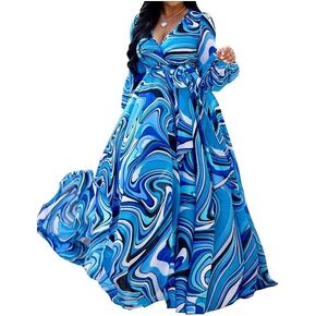 فستان نسائي طويل من Nhicdns برقبة على شكل V وأكمام طويلة كاجوال بوهيمي فضفاض مقاس كبير in Kuwait